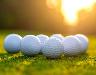 Group of golf balls on grass, lit by bright, blurred sunlight