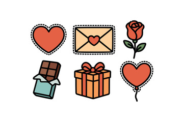 cute Valentine Day set with bold black outline and dotted border including heart love letter rose chocolate gift box and balloon simple details colorful minimal style isolated on white