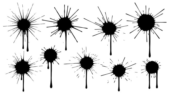 Collection of Ink Splatters Spreading on White Backdrop: Abstract Grunge Elements for Creative Design, Decoration, Graphic Resources, and Artistic Effects in Presentations, Posters, and Website Backgr