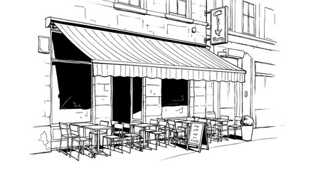 Charming Cafe Exterior Sketch with Outdoor Seating: Enjoying a Relaxing Urban Scene near a Bistro on a Sunny Day, Perfect for Travel Brochures, Restaurant Promotions, or Architectural Design Presentat