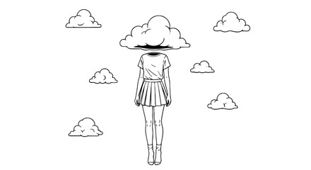 Surreal Cloud-Headed Figure in Dreamy Skyscape, Floating in Atmospheric Vapor, Abstract Conceptual Art for Mental Health Presentation & Creative Design, Ethereal Line Art Illustration for Psychologica