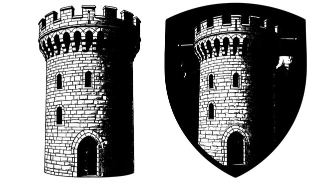 Medieval Stone Tower Standing Tall with Fortified Walls & Battlements, Represented on Heraldic Shield Backdrop Depicting Heritage & Nobility, Ideal for Fantasy Games & Historic Architecture Presentati