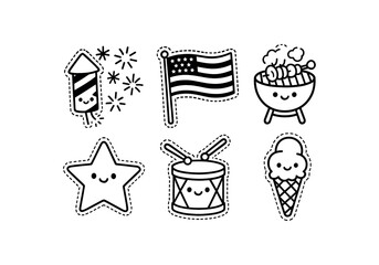 cute Independence Day set with bold black outline and dotted border including fireworks flag barbecue drum and ice cream simple details black and white minimal style isolated on white