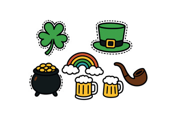 cute St. Patrick Day set with bold black outline and dotted border including shamrock leprechaun hat pot of gold rainbow beer mug and pipe simple details colorful minimal style isolated on