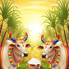 A vibrant illustration captures the essence of the pongal festival, featuring decorated cows amidst a backdrop of lush sugarcane fields and a traditional pot of pongal, symbolizing prosperity and abun