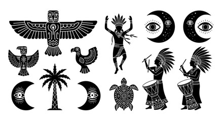 Mystical Native American Totems and Symbols: Indigenous Culture Celebration Featuring Tribal Dancers, Eagles, Turtle & Crescent Moons, Ideal for Spiritual Artwork and Cultural Heritage Designs, Perfec