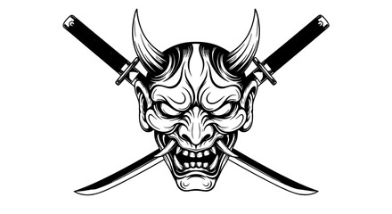 Menacing Oni Mask with Crossed Katana Swords Artwork, Japanese Demon Spirit Tattoo Design Illustration, Mythical Folklore Figure Isolated on White Background, Vector Art for Martial Arts, Gaming, Tatt