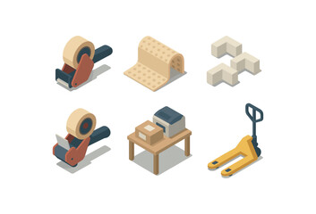 isometric icon items isolated on white background packaging corner tape cutter packaging corner cushion wrap packaging corner corner protectors packaging corner sealing gun packaging corner
