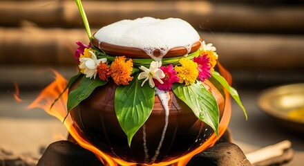 A traditional pongal pot decorated with flowers and leaves, filled with rice and milk boiling over, symbolizing the harvest festival in south india