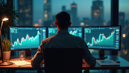 Back view of trader working late analyzing financial charts on multiple computer screens. Investor monitors stock market data in modern office with night city skyline view. Businessman managing