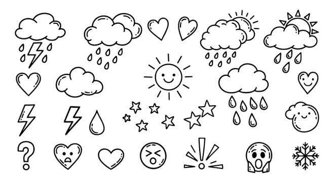 Weather and Emotion Doodle Set: Hand-Drawn Style for Education, Healthcare, and Lifestyle Designs featuring Clouds, Hearts, Stars, and Faces for Graphic Elements in Presentations, Websites, and Market
