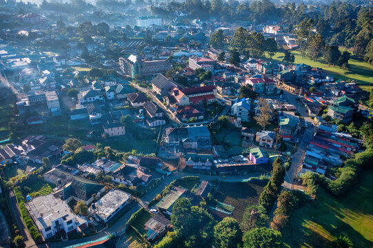 Aerial view of a sprawling town nestled amidst verdant hills, where rooftops meet the soft morning light, Nuwara Eliya, Central Province, Sri Lanka.