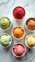 Assorted scoops of colorful gelato in white ceramic cups presented on clean marble surface. Multiple sweet ice cream flavors like red, green, orange, brown, pink, yellow offer delightful refreshing
