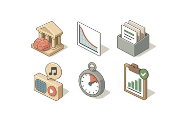 isometric icon items isolated on white background memorization memory palace builder memorization retention curve graph memorization cue card holder memorization audio prompt player