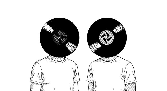Retro Vinyl Record Heads Silhouette Duo Illustration, Standing Side-by-Side in Artistic Composition for Music Production, DJ Culture, and Abstract Art Projects. Monochrome Design for Posters, Album Co