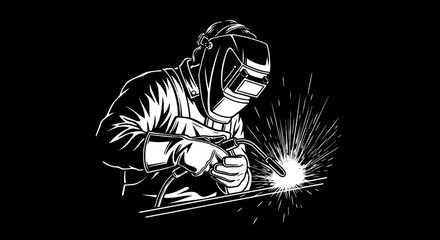 Skilled Welder at Work Creating Sparks, Industry Professional Fabricating Metal Structures with Precision in a Workshop Environment, Depicting Labor, Engineering, Construction, and Skilled Trades, Whi