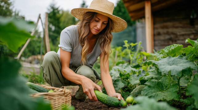 A woman is in a garden, picking cucumbers