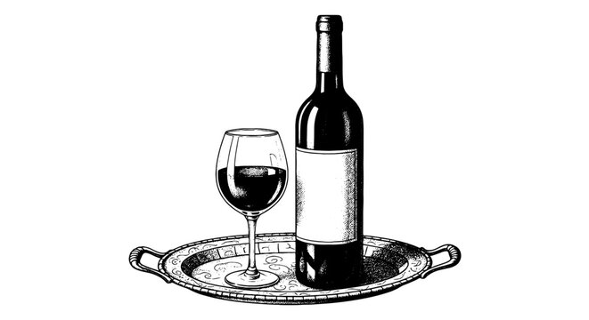 Vintage Wine Presentation on Silver Tray: Elegant Red Wine Bottle and Glass on Ornate Tray for Upscale Dining and Luxury Lifestyle Events, Fine Art Illustration for Restaurant Menus, Business Presenta