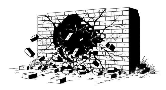 Cracked Brick Wall Explosion with Debris, Breaking Through Barrier Illustration, Destruction Concept, Overcoming Obstacles in Construction Site Environment, Achieving Success, Presentation Backdrop, B