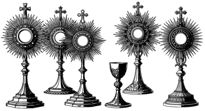 Intricate Monstrances Displayed: A Collection of Ornate Vessels for Eucharistic Adoration in Catholic Churches, Religious Ceremonies & Christian Worship&mdash;Ideal for Faith, Spirituality, & Historical Pro