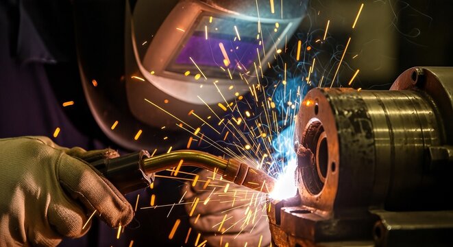 A skilled industrial worker in a protective helmet performs welding on a metal component, creating a shower of bright sparks. - Powered by Adobe