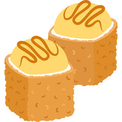 Two Delicious Square Shaped Desserts Topped with Cream and Caramel Drizzle on a White Background