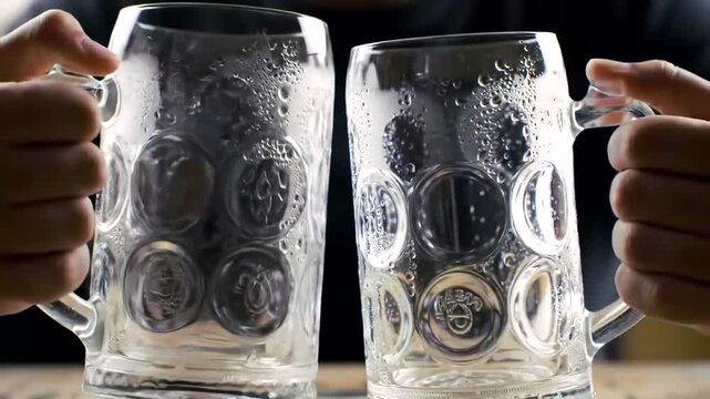 hands holding up empty beer mugs for a toast, condensation on the glass.