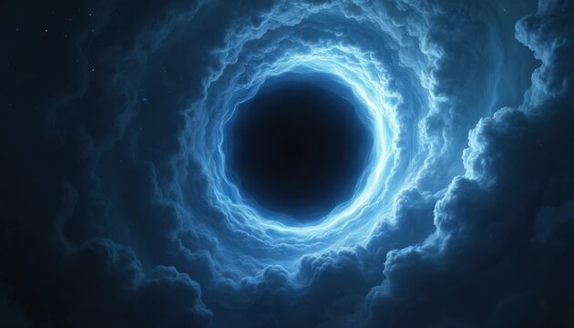 Dark blue clouds spiral around a deep black hole or void. Bright electric light glows inside the cosmic tunnel. This abstract vortex shows powerful energy, mystery, and space time portal.