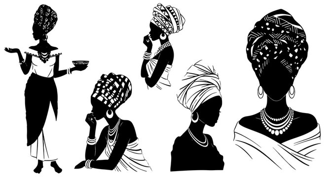 Elegant African Women Silhouettes Posing Gracefully with Traditional Headwraps and Jewelry, Isolated on White Background, Showcasing Cultural Heritage and Beauty in a Modern Artistic Style for Fashion