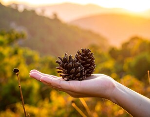Hand holding two pine cones against a sunset landscape backdrop