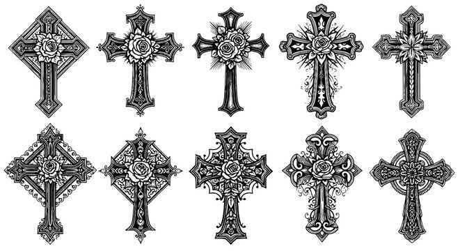 Ornate Christian Crosses Collection Engraved for Religious Symbolism and Graphic Design Projects, Ideal for Church Artwork, Memorials, Gothic Designs,  Vintage Spiritual Decor, and Faith Based Marketi