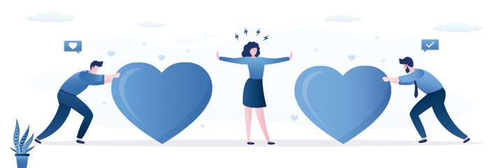 Unhappy woman says no to men offering giant hearts. Unrequited love. Gesture of rejection. A sense of denial. Abandoning a relationship, disagreements. An unwanted romance.