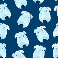 seamless pattern of watercolor sad blue dog portrait, hand painted illustration on blue background