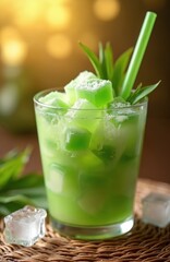 Refreshing Buko Pandan dessert in glass with green jelly cubes, ice. Sweet Filipino drink with coconut milk popular tropical treat from Southeast Asia. Cold summer beverage garnished with pandan