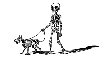 Halloween Skeleton Walking Dog: Spooky Season Illustration for Graphic Design & Holiday Marketing. A Creepy Cartoon Skeleton Taking a Canine Skeleton Pet on a Walk in Shadowy Scene, Great for Trick-or