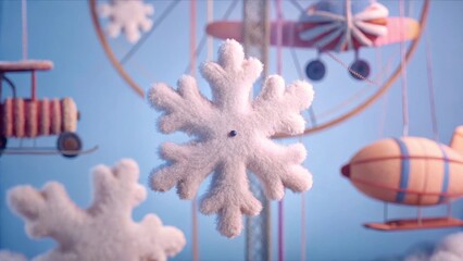 Soft snowflake decoration with toy airplanes and airships on pastel blue background. Cozy handmade winter composition with festive and dreamy atmosphere