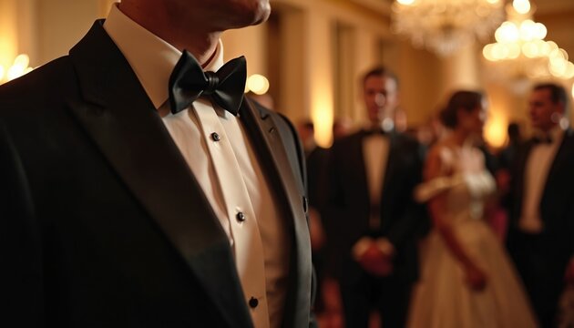 Man attends formal event in tuxedo. He wears a bow tie with shirt and jacket. Partygoers mingle in background at ballroom gala. Elegant people celebrate at luxurious reception.