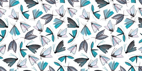 seamless pattern of blue moths hand painted watercolor illustrations on white background
