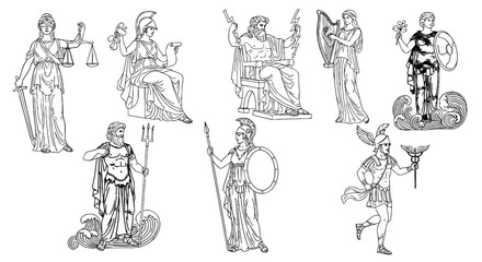 Ancient Greek Gods and Goddesses Assembly: A Collection of Classic Deities in Line Art Style for Educational Materials, Mythological Presentations,  Historical Illustrations, and Decorative Designs (Z