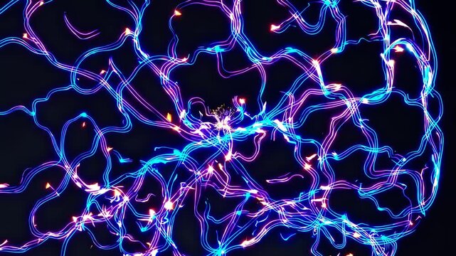 Abstract video concept of neon light trails forming a brain shape. Top-down angle captures vibrant blue and purple lines on a dark background. Live desktop wallpaper.