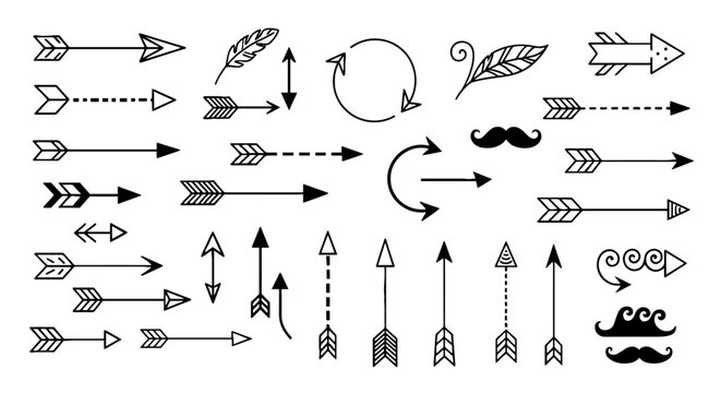 Collection of Hand-Drawn Arrows and Ornaments for Graphic Design Projects: Stylish Doodle Set for Presentations, Websites, Marketing Materials, Invitations and More with Arrowhead, Feather, and Swirl