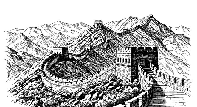 Majestic Great Wall of China Meandering Through Mountainous Terrain, A Historic Landmark Illustrating Architectural Grandeur, Cultural Heritage, Tourism, Travel, and Landscape Preservation, In a Vinta