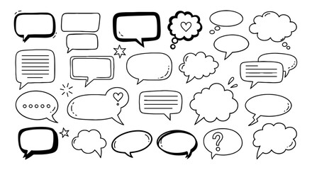 Obraz premium Collection of Hand-Drawn Speech Bubbles and Thought Balloons for Creative Communication: Sketch Style Vector Set for Presentations, Marketing Materials, and Website Design in Business, Education, and
