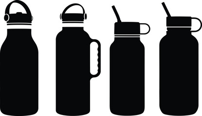 A set of four modern insulated water bottle silhouettes, featuring different caps, handles, and straws, ideal for hydration, sport, and outdoor activities.