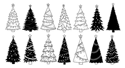 Festive Christmas Tree Collection: Celebrating Winter Holidays with Hand-Drawn Evergreen Trees for New Year Greetings, Gift Tags, and Seasonal Designs - Perfect for Decorative Elements, Website Graphi