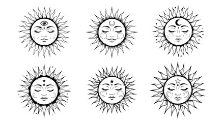 Celestial Sun Faces with Mystical Third Eye and Crescent Moon Illustrations: Bohemian Astrology Charts for Spiritual Healing and Wellness Designs, Esoteric Occultism, Vintage Retro Style, Elegant Vect
