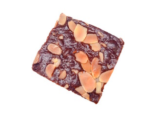 Rich chocolate brownie square topped with golden toasted almond slices. Moist, dense texture meets crunchy contrast perfect for dessert menus or food photography.