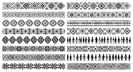 Ornamental Tribal Borders Seamlessly Repeating in Ethnic Motif Pattern Design, Folkloric Decorative Element for Fashion, Textile, Fabric, and Creative Arts in Monochrome Illustrations, Vector Pack