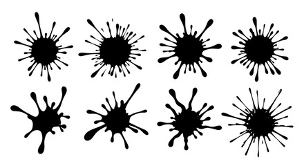 Set of Black Ink Splatters Spreads Outward on White Background, Ideal for Artistic Designs, Abstract Grunge Elements for Creative Projects, and Liquid Effects, Modern Graphic Resources for Websites, P
