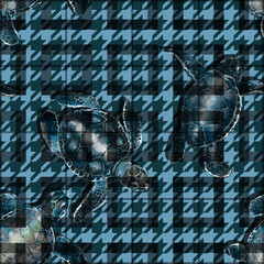 Geometric pattern combining fierce watercolor Sea Turtles with a classic  houndstooth (chicken foot) background. Edgy and stylish design for fashion and prints